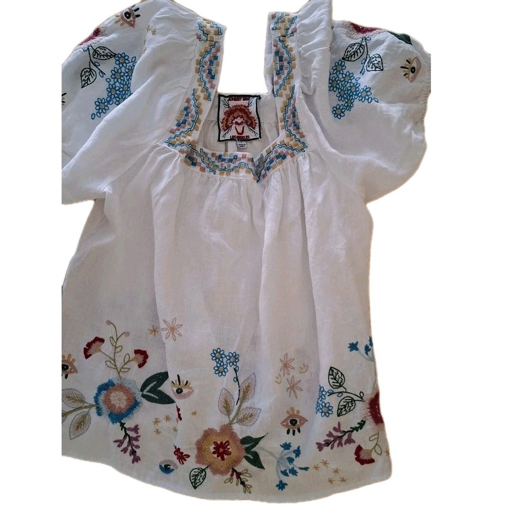 Johnny Was Martine Wander Top L White Linen Boho Embroidered Women's size Large